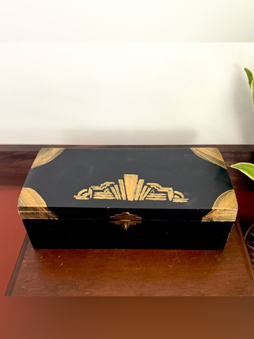 Art Deco Black & Gold Handpainted Wood Jewelry Box Container Vintage Style
